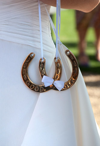 closeup photo of lucky horse shoes on wedding dress